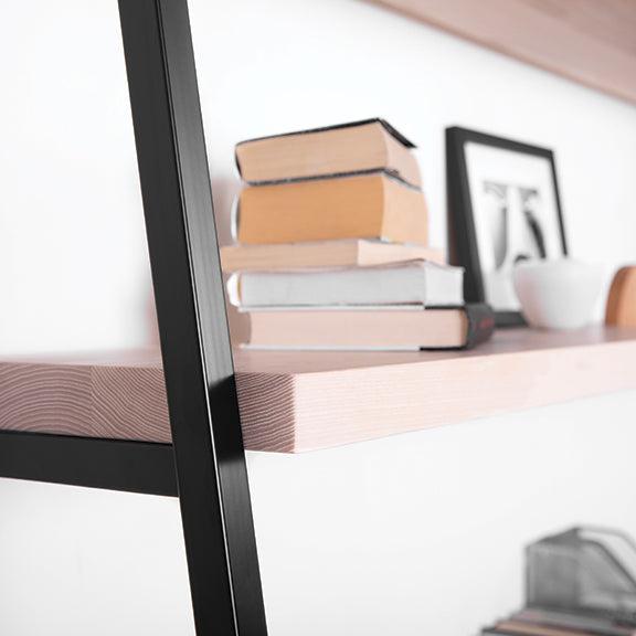 wood and metal open shelves and cabinet